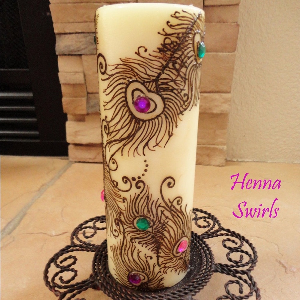 Pillar candle Peacock Feathers, New